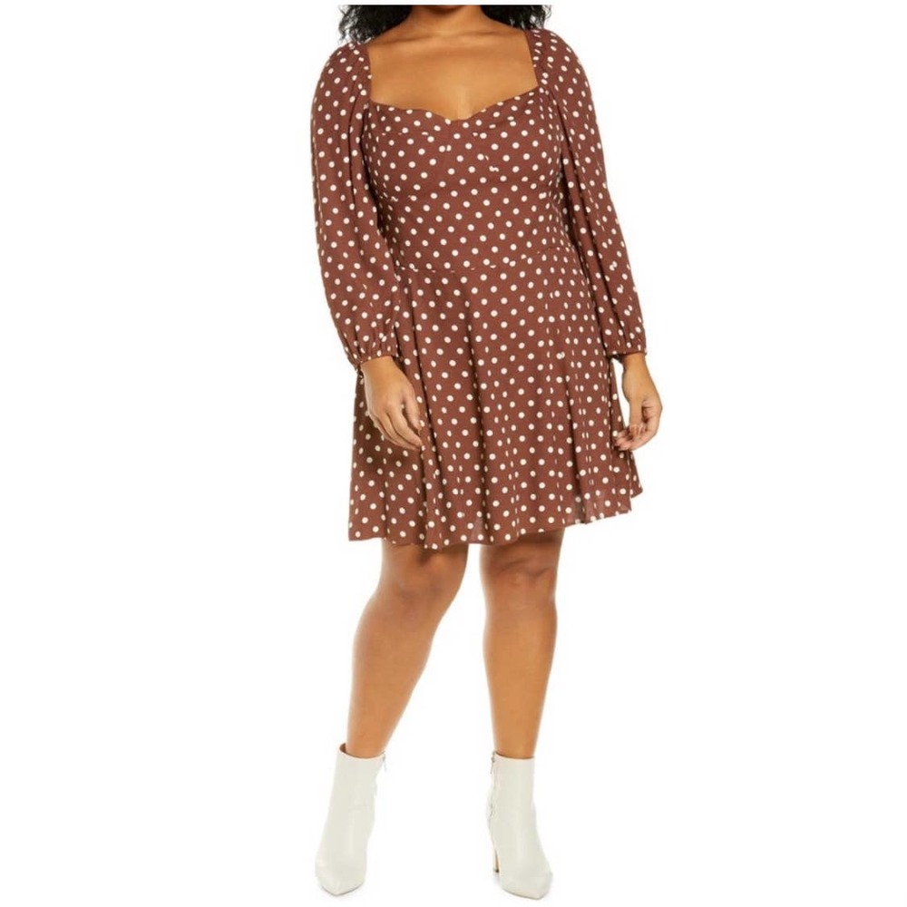 Reformation Mochi Polka Dot Long Sleeve Mini Dress Brown White Size 22 NWT - Picture 1 of 8